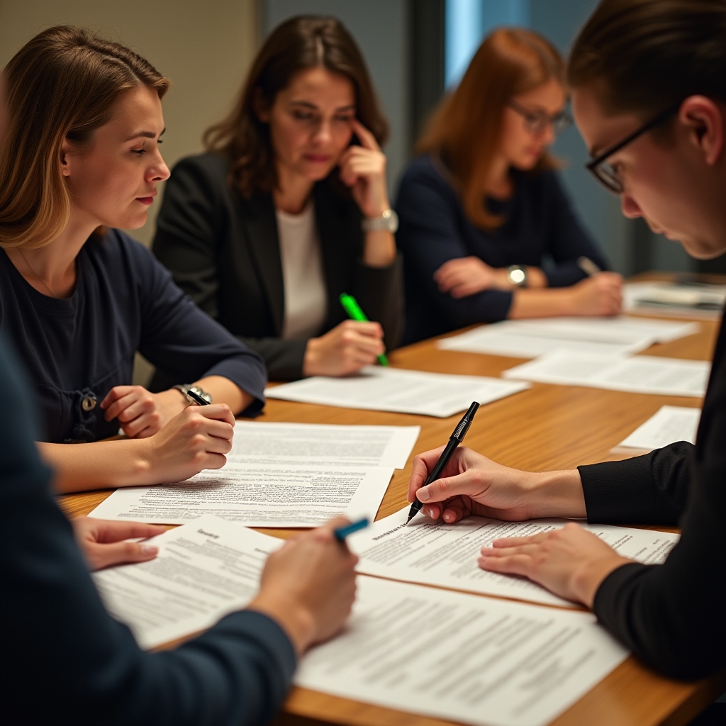 Workshop participants reviewing rental contract clauses at tables