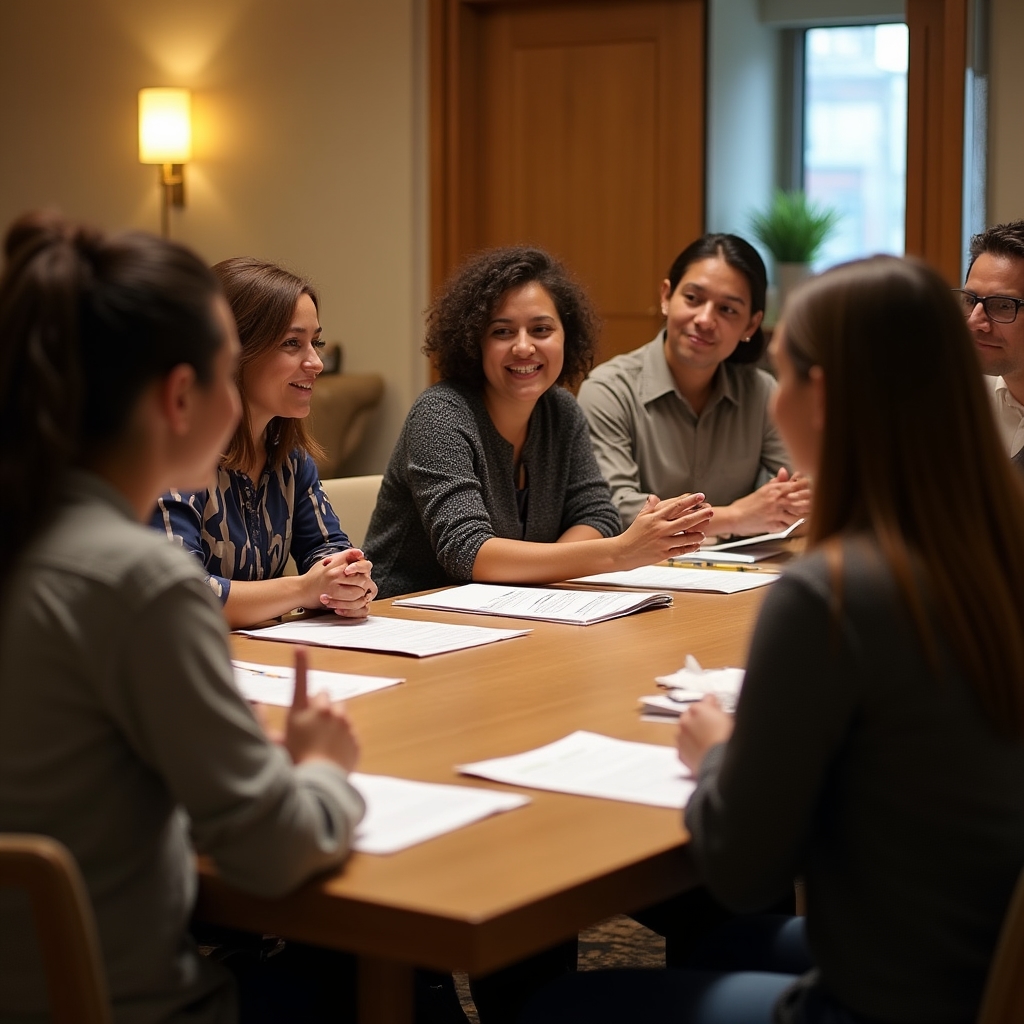 Diverse group of workshop participants of different ages engaged in discussion around a table
