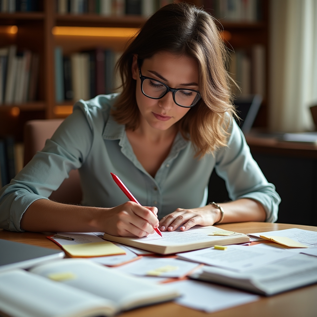 Educator reviewing workshop curriculum materials at a desk with notes and books