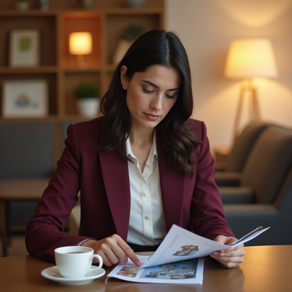 Person carefully reading a rental guide booklet at a desk