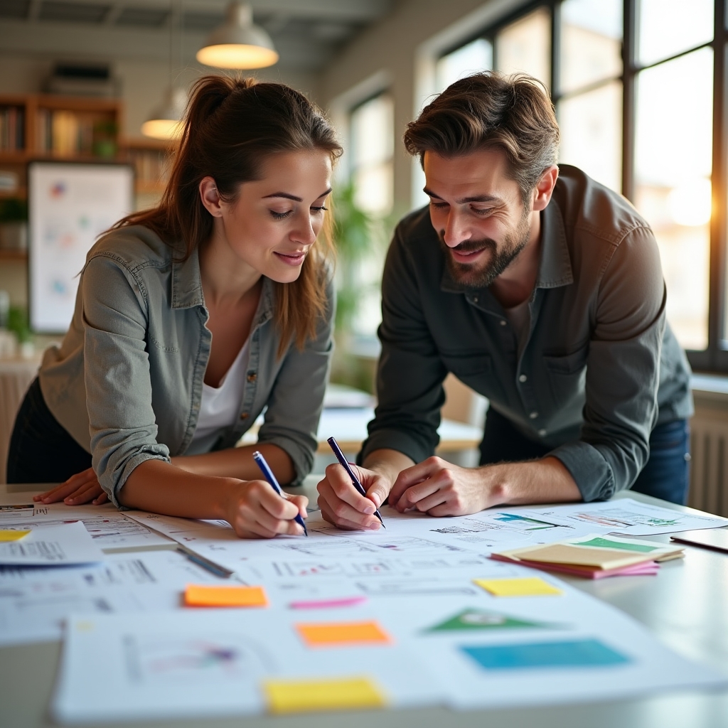 Two educators collaborating over workshop planning documents in a bright office setting