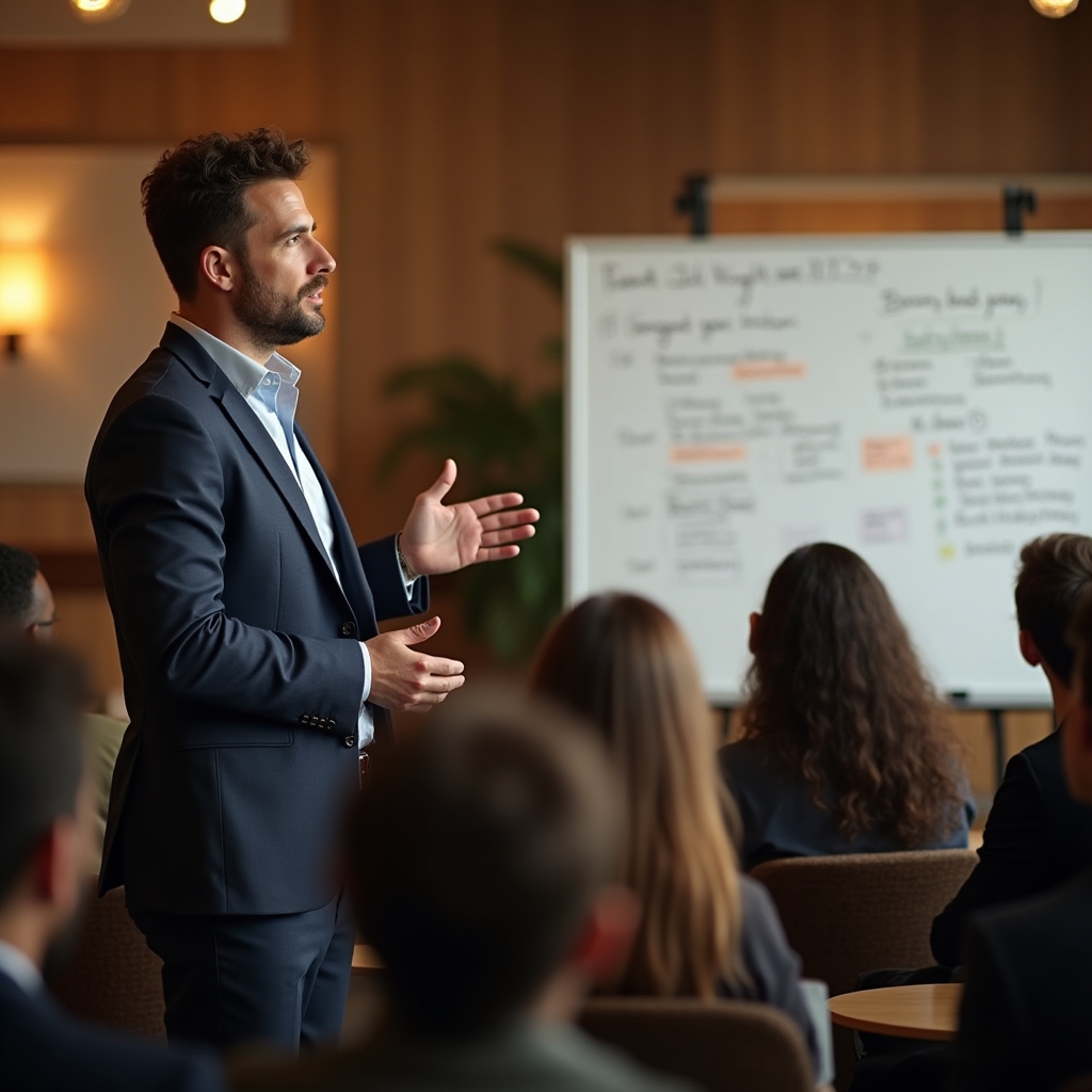 Seminar on tenant rights with presenter at whiteboard and engaged audience